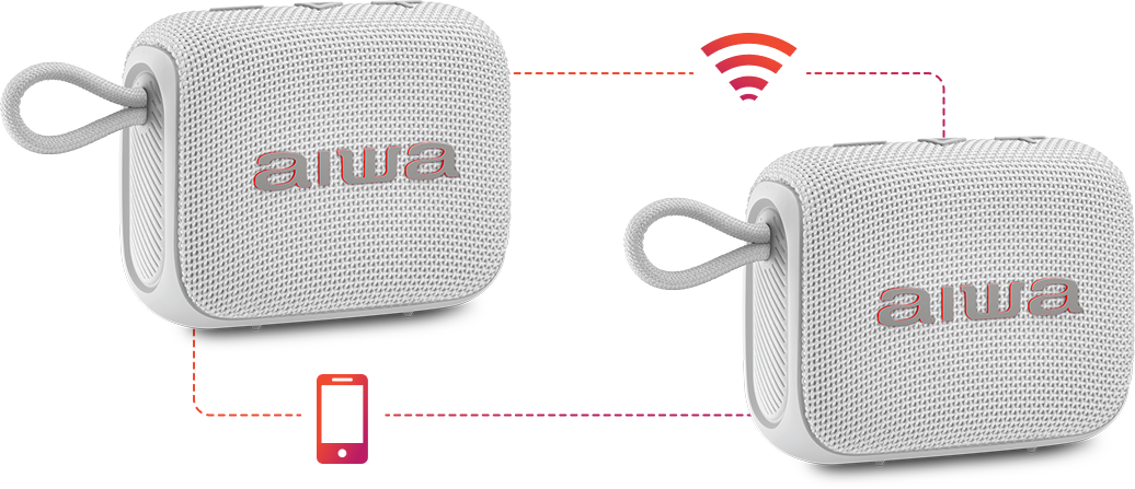 Duas caixas de som AIWA conectadas pela tecnologia TWS